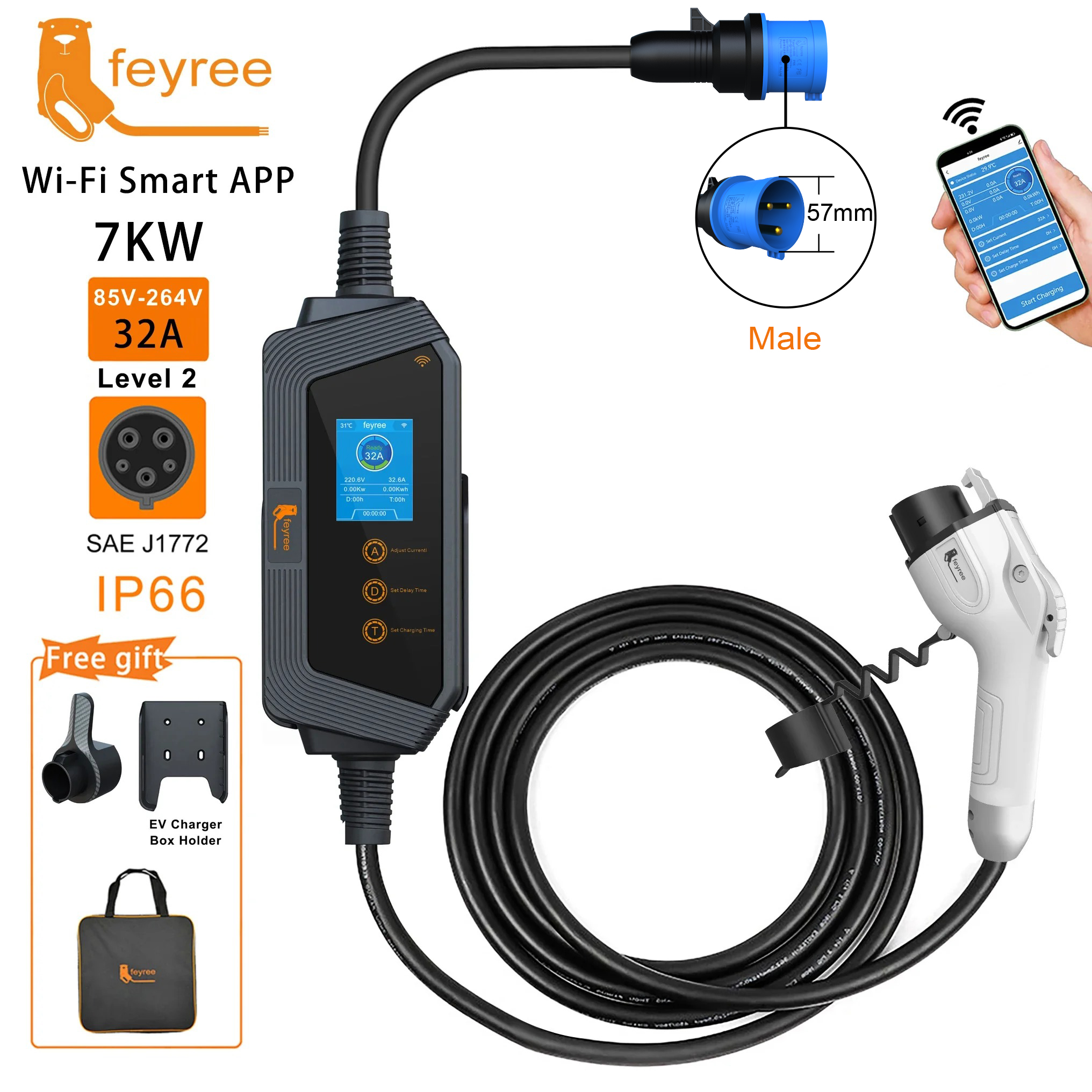 Feyree Type1 ポータブル EV 充電器 7KW 32A 1 相 J1772 ソケット 5 メートルケーブル付きスマートアプリ WIFI 制御バージョン電気自動車用