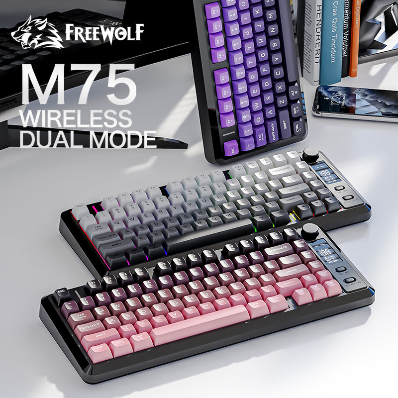 無料 WOLF M75 82 キー コンパクト ワイヤレス ゲーミング キーボード - デュアル モード (Bluetooth/2.4G) RGB バックライト付き OLED ディスプレイ 大容量バッテリー