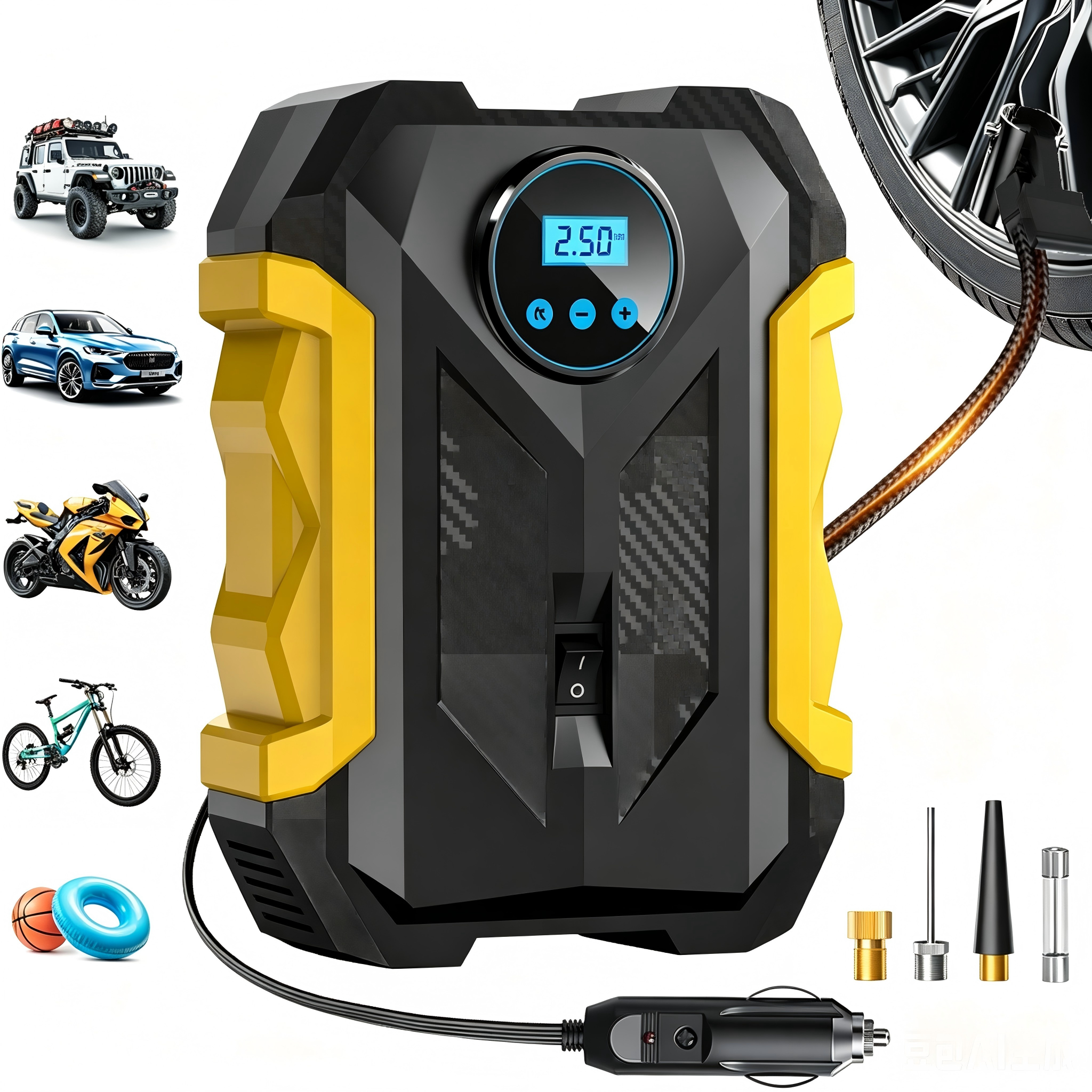 Carsun 12V タイヤインフレーター 35L/分 ポータブルエアコンプレッサー 150Psi デジタルゲージポンプ LED ライト自動シャットオフ車オートバイバイク