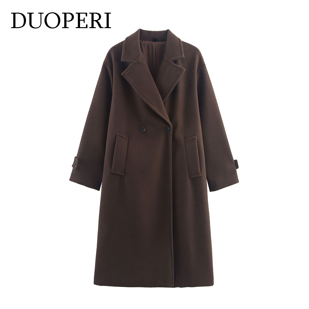 DUOPERI 秋冬の女性のブラウンウールコート暖かいファッションノッチネック長袖女性のエレガンスシックな女性の衣装