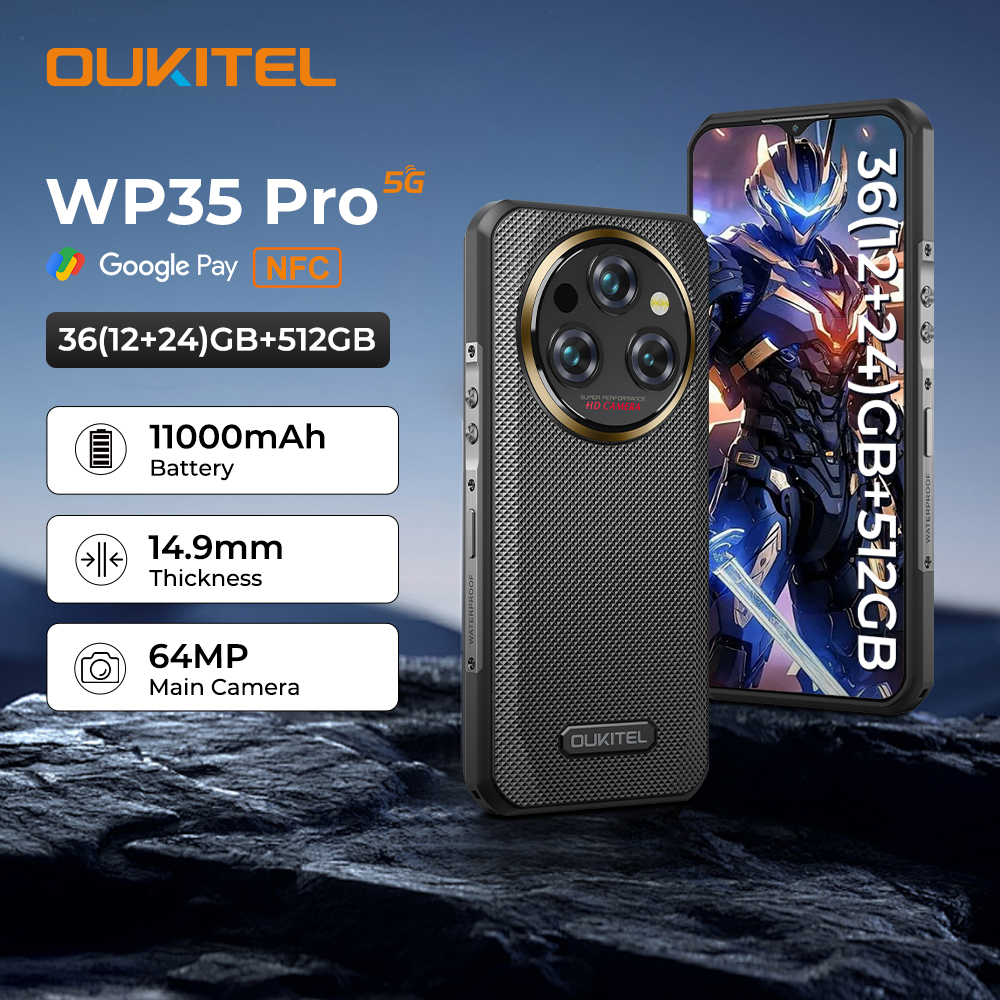 Oukitel WP35 PRO 頑丈なスマートフォン、5G、11000mAh、36GB 512GB、Andiron 14、64 MP、NFC 携帯電話