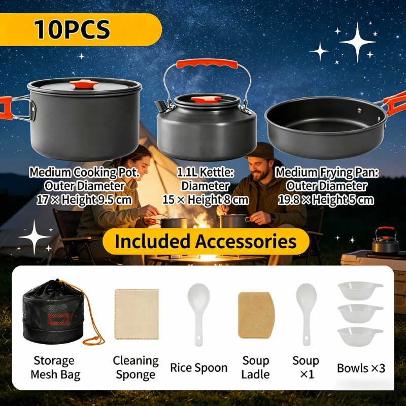 多機能超軽量アルミニウムキャンプ調理器具セット10個、収納袋付き、ハイキング、ピクニック、バックパッキング、バーベキュー、キャンプ旅行用