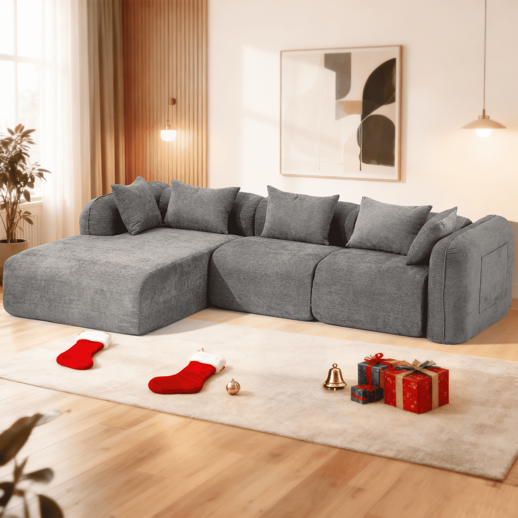 Redlife Sherpa モジュラークラウドソファ |小さなリビングルーム用ベージュふわふわシェルパディープシート組立不要セクショナルソファ