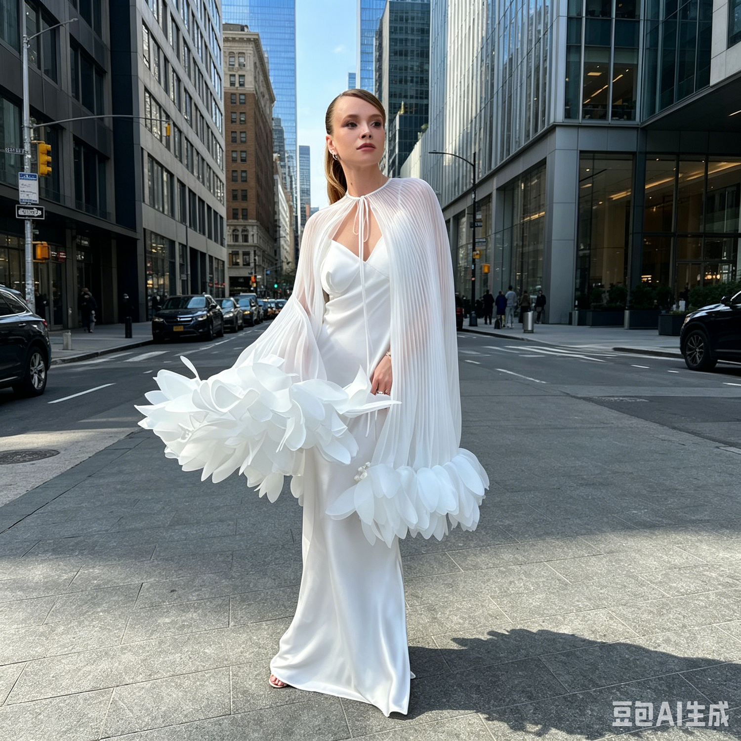 ピュアホワイト プリーツ シフォン ケープ シュラッグ 3D 花びらの裾ネクタイ ネック シアー ウェディング ラップ ブライダル ケープ イブニング パーティー プロム 写真撮影用