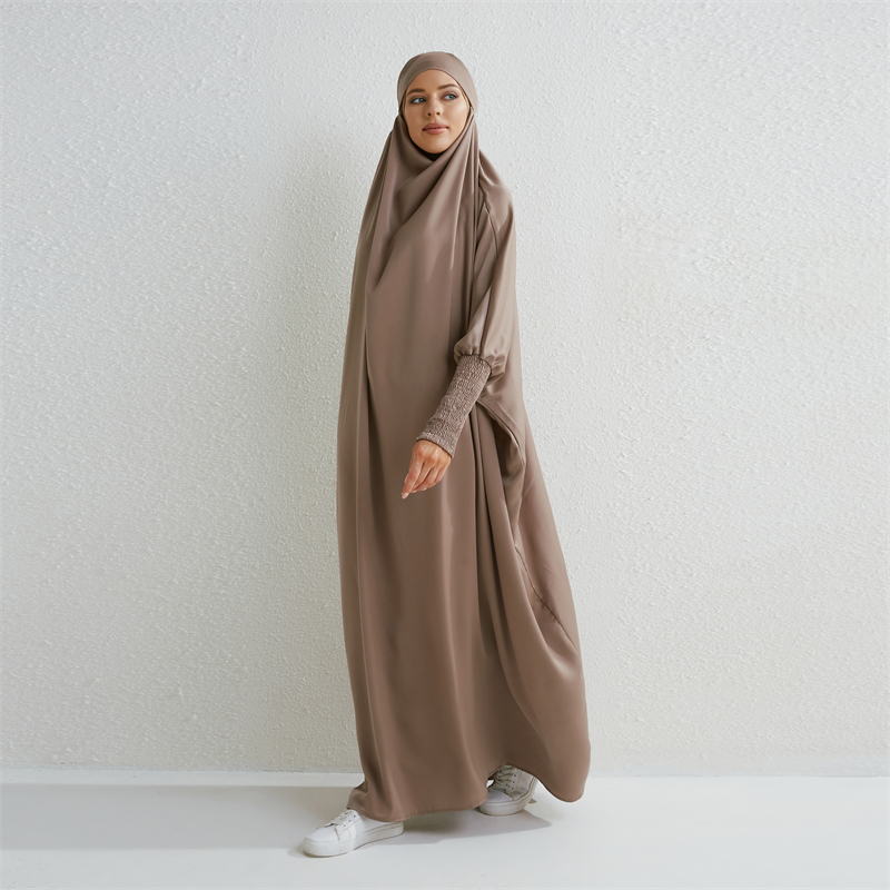 イスラム教徒アバヤフード付きスモッキングスリーブワンピース祈りドレス女性 Jilbab イスラム服ドバイサウジ黒ローブトルコ謙虚