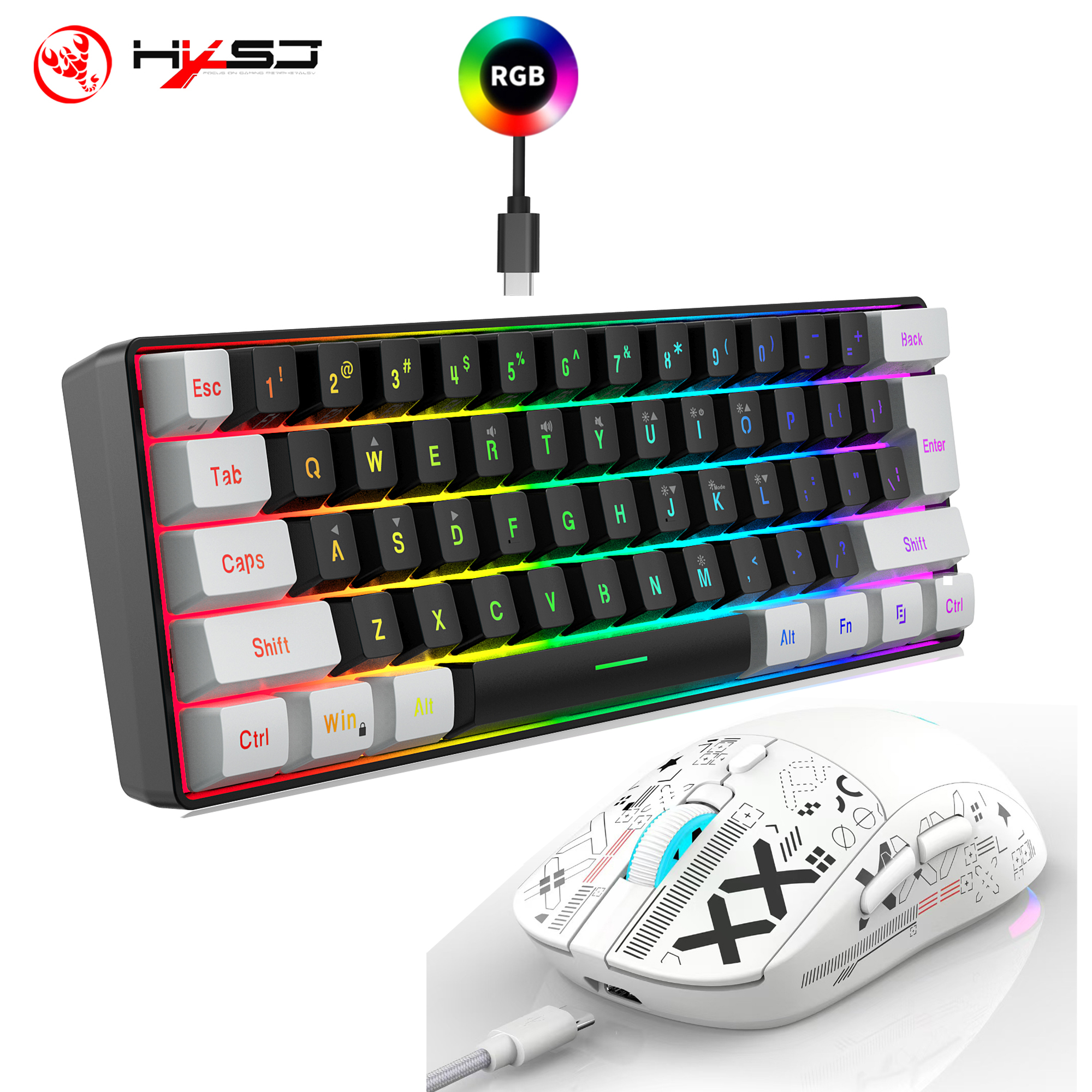 HXSJ-60% RGB バックライト付きゲーミングキーボードとマウスセット 61 キー有線キーボード 3 モード光学式ゲーミングワイヤレスマウスラップトップ PC 用