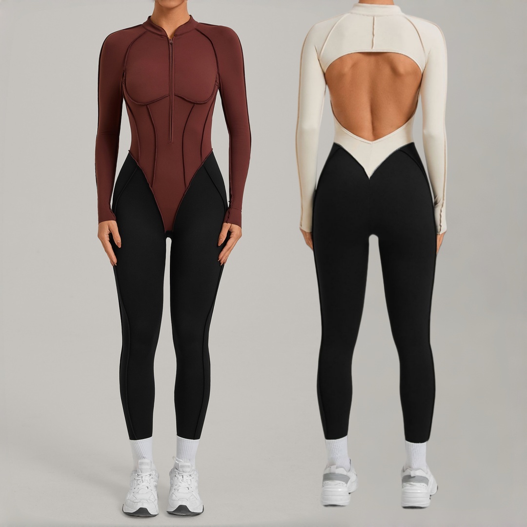 新しい女性のヨガワンピースボディスーツタイトなハーフジップバックレス長袖パンツフィットネスジャンプスーツランニングワークアウトジムヨガボディスーツ