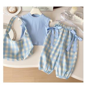 新作・おしゃれな3点セット 女の子用服セット 無地ノースリーブTシャツ＋チェック柄パンツ＋ハンドバッグ付き