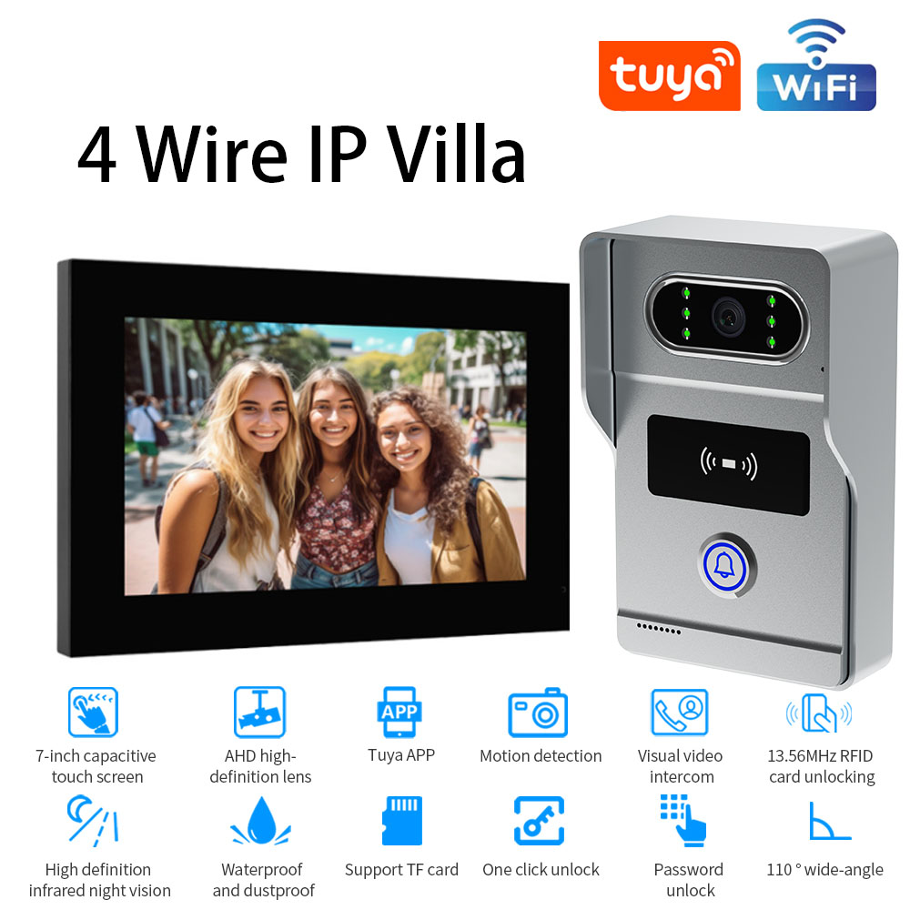 AHD8 4-WireTuya Wifi 1080P ビデオインターホンビデオドアホン 7 インチタッチモニタービデオドアベルドアカメラセキュリティシステム IP ヴィラ