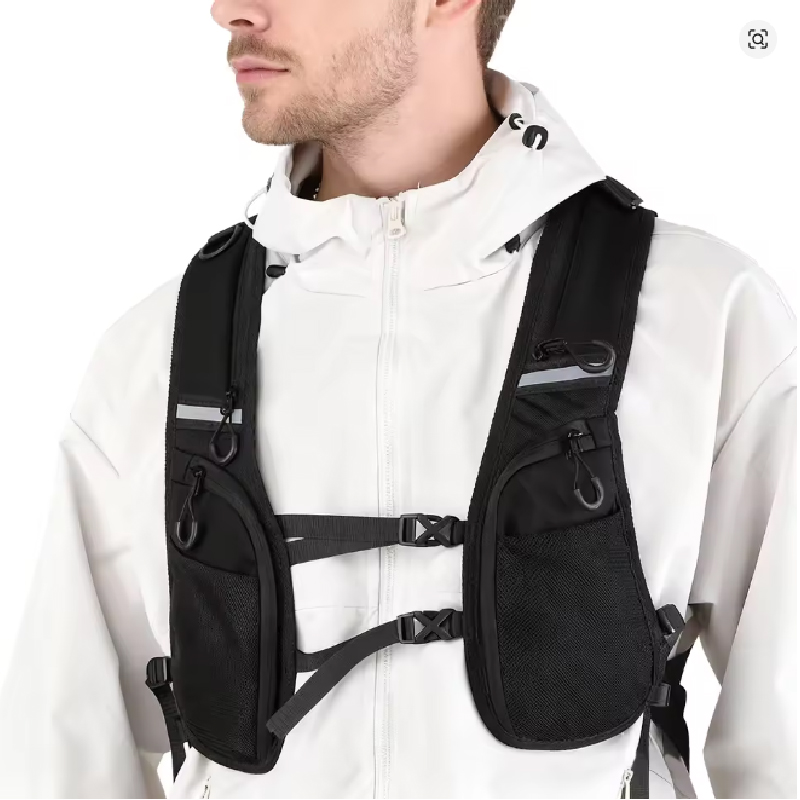 黒ジャケットベストバックパックヒップホップストリートチェストリグバッグ男性用複数ポケットチェストパック反射テープ調節可能なウエスト
