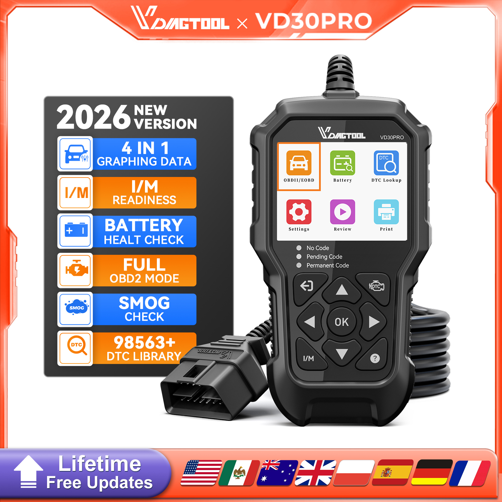 VDIAGTOOL VD30 Pro OBD2 スキャナー診断ツール、リセットライブデータフリーズフレーム I/M 対応車およびトラック用