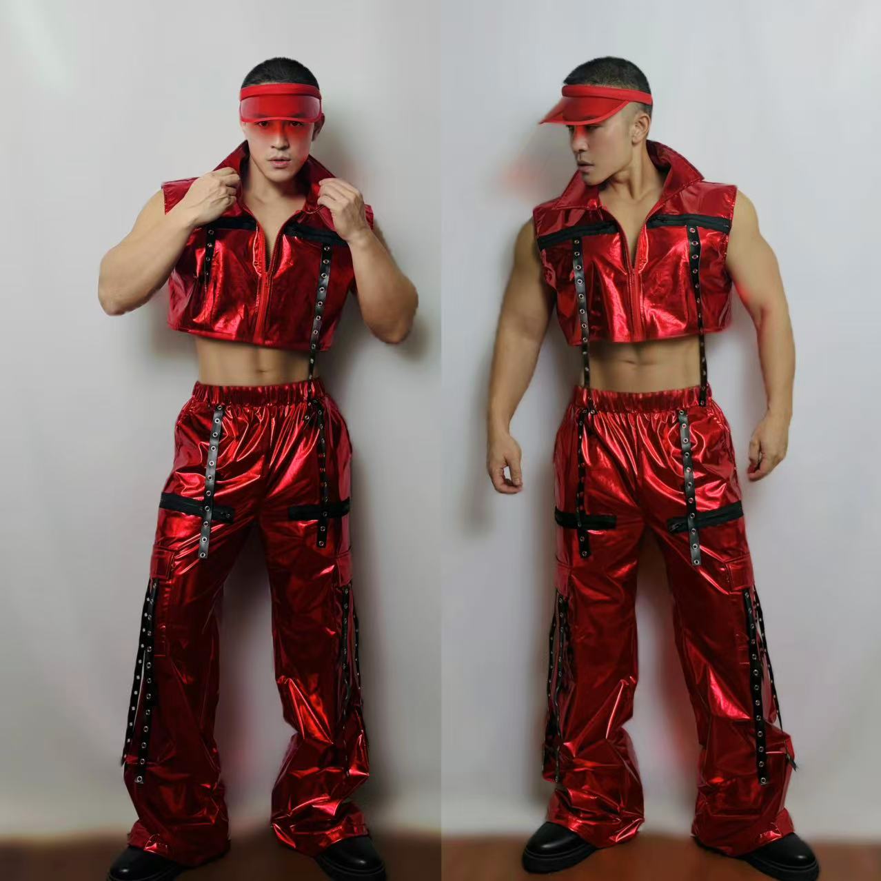 メンズジャズヒップホップダンス衣装男性ダンサーグループストリートダンスセットシルバーレッド包帯ベストパンツセットパフォーマンスステージ着用