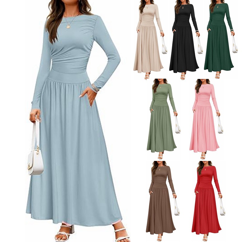 Elegant Women's Round Neck Pleated Pocket Slim Fit Long Sleeved Knitted Dress Платья Vestido De Fiesta