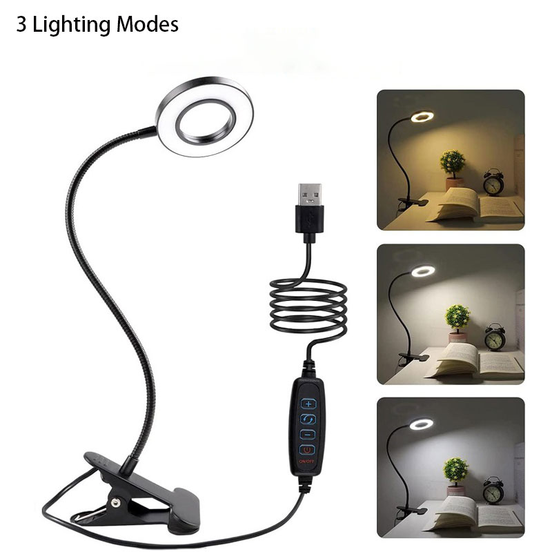 調光可能な読書デスクランプ 360° 柔軟なクリップオンライト USB 電源 3 モード