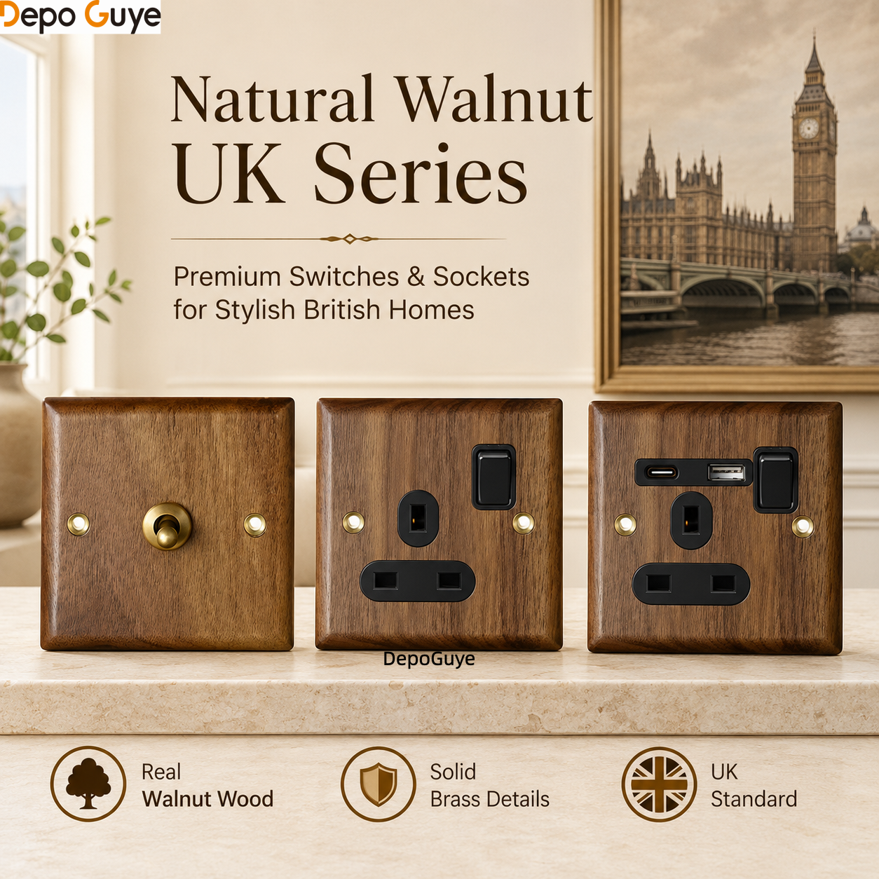 High Quality Retro Europe Type Vintage Wall Light Switch Socket, Solid Wood Brass Toggle Switch Plate, Antique Home Stay Switch