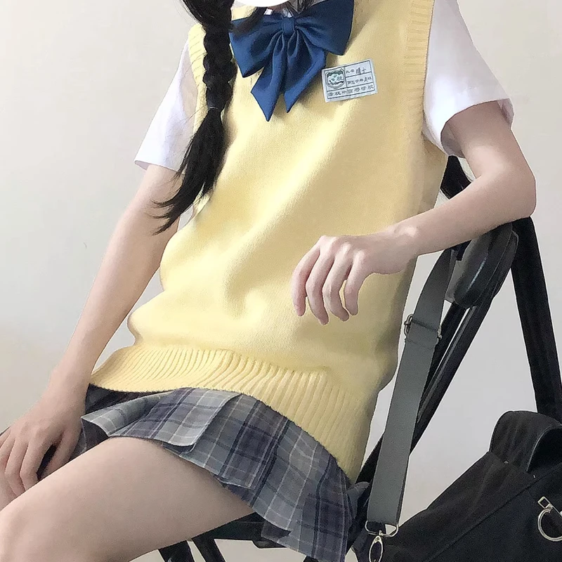 プレッピースタイルティーンエイジャー女子校生制服ノースリーブセーターニットベスト学生 Y2K ロリータプルオーバーチョッキ女性 JK トップス