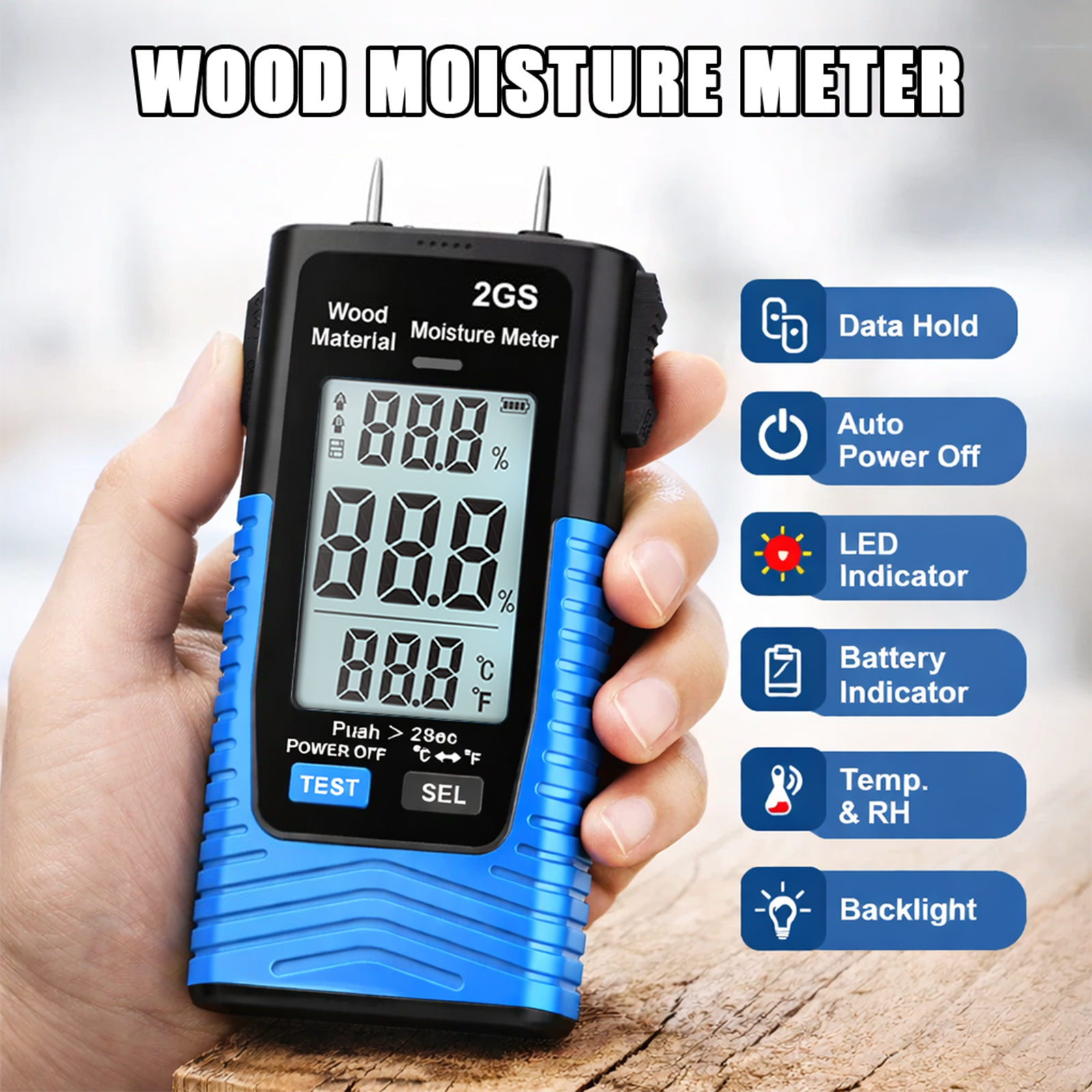 HoldPeak-2GD プローブ 2-in-1 温度付き建材用木材水分計
