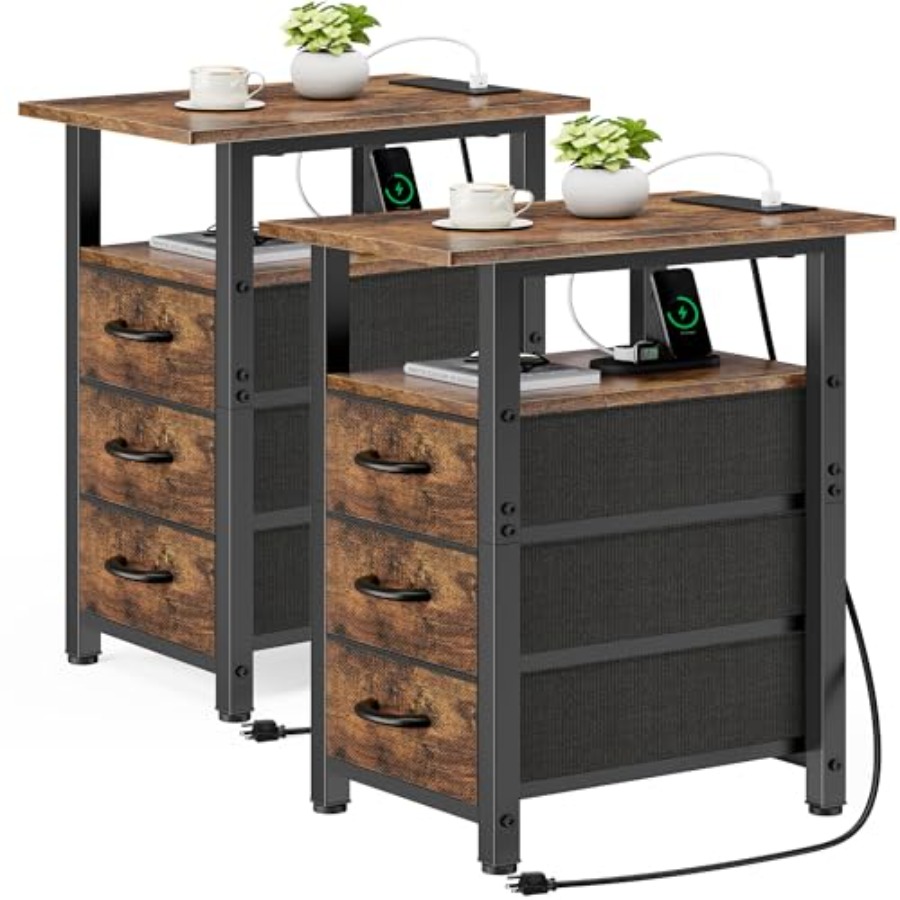 Set of 2 Rustic Brown Narrow Nightstands with Charging Station: USB Ports Outlets 3 Fabric Storage Drawers Small Bedside Tables
