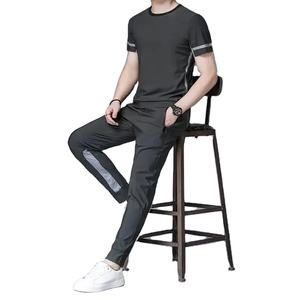 Solid-Color Hooded Sweatsuit Pants Set, Gray Men's Jogging T-Shirt Sports Set, Fashionable Top, Winter, Regular Fit, Slim Fit, 100%