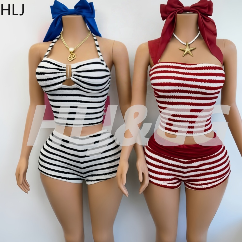 HLJ New Summer Women 2 Piece Sets Knit Crop Shirt Top Slim Fit Shorts Matching Sets Sexy Two Piece Sets Holiday Female Clothing