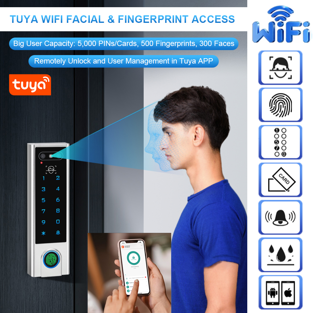 5800 ユーザータッチキーパッド顔認識指紋 Wifi アクセス制御 IP66 防水 PIN カード iOS Android 用 Tuya アプリ