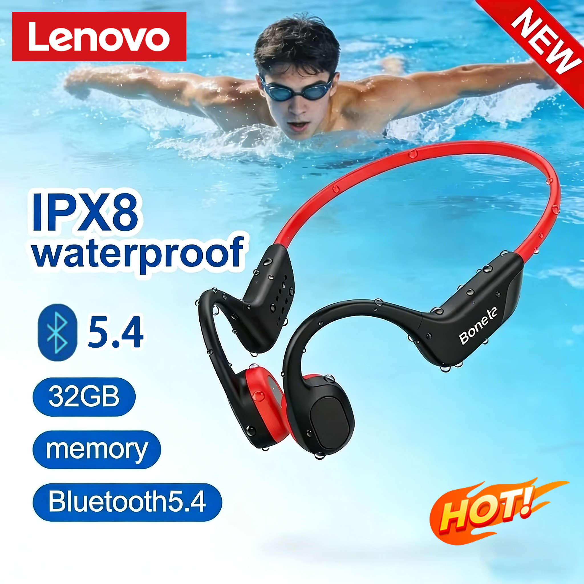 レノボ骨伝導ヘッドセット Bluetooth 5.4 マイク付き防水エクササイズフィットネスワイヤレス水泳スポーツヘッドフォン新 2026