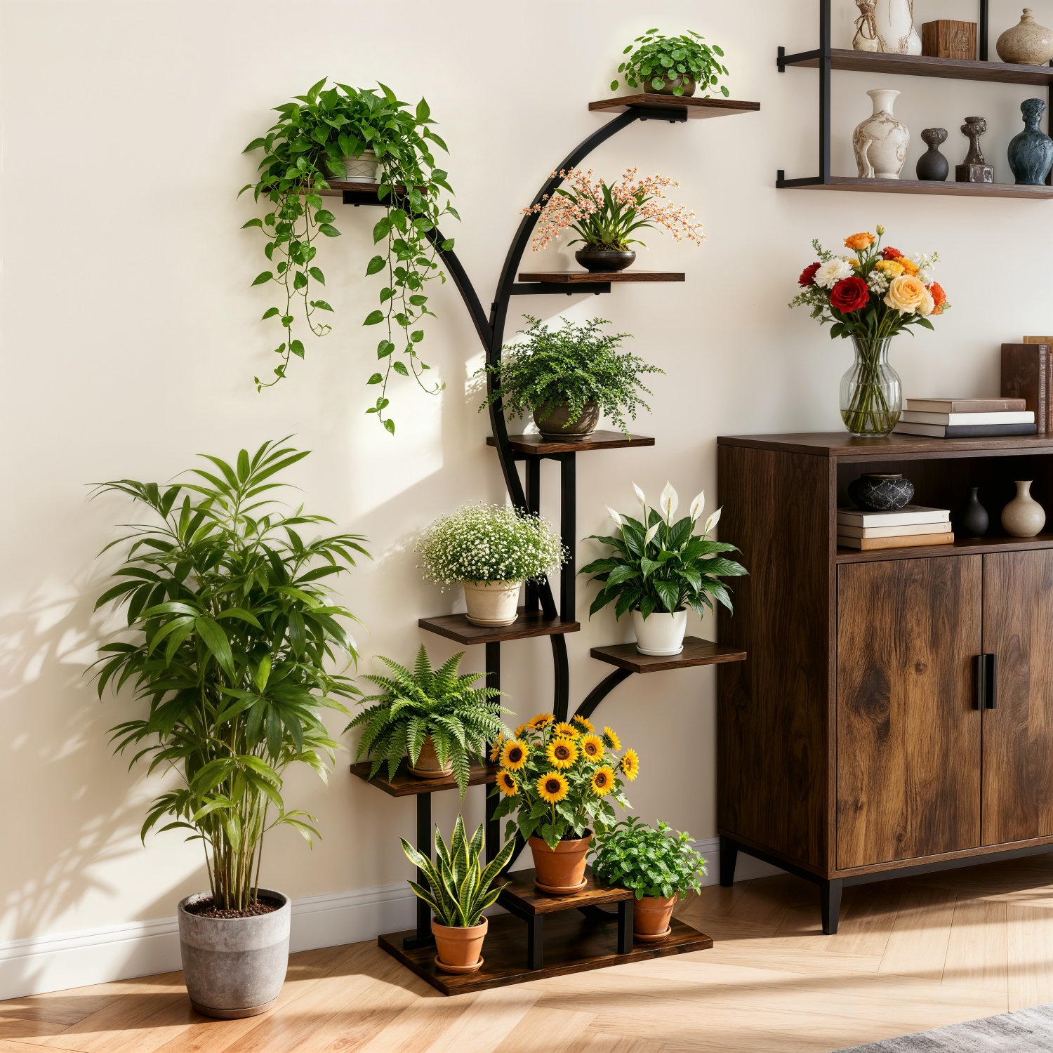 高さ165cm 屋内植物スタンド 金属製植物花陳列棚 成長ライト付き ツリー型植物ラック 家庭用、パティオ用