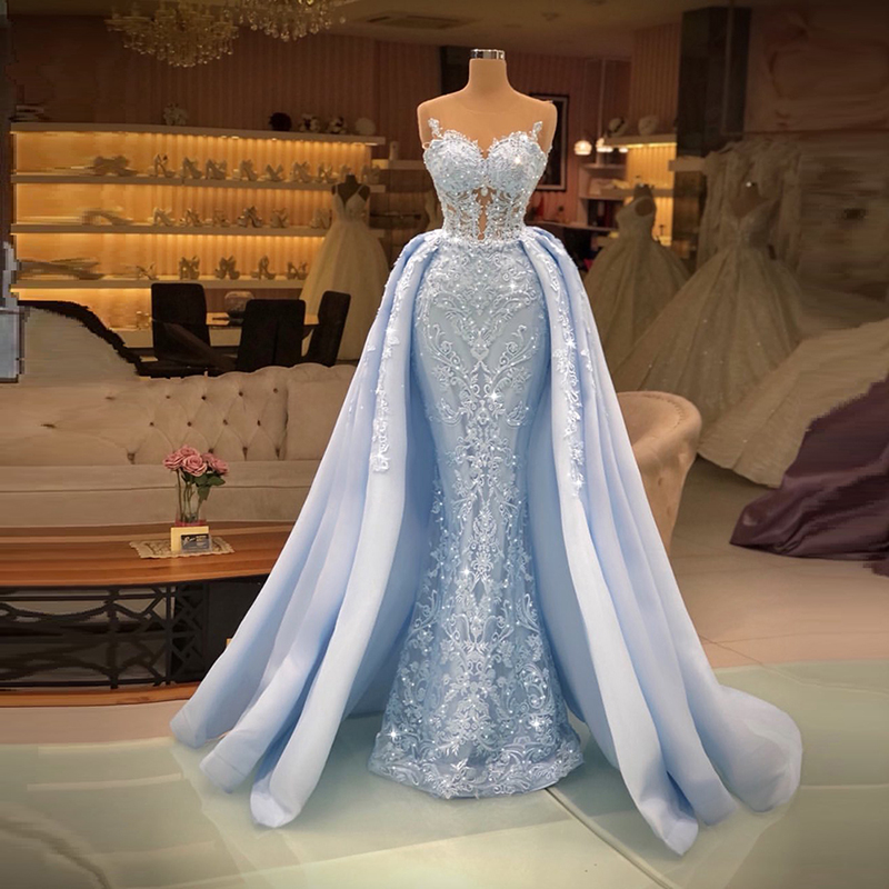 ライトスカイブルーレースマーメイドイブニングドレスシアーネックノースリーブウエディングドレスオーバースカート付き取り外し可能なトレインフォーマルパーティードレス