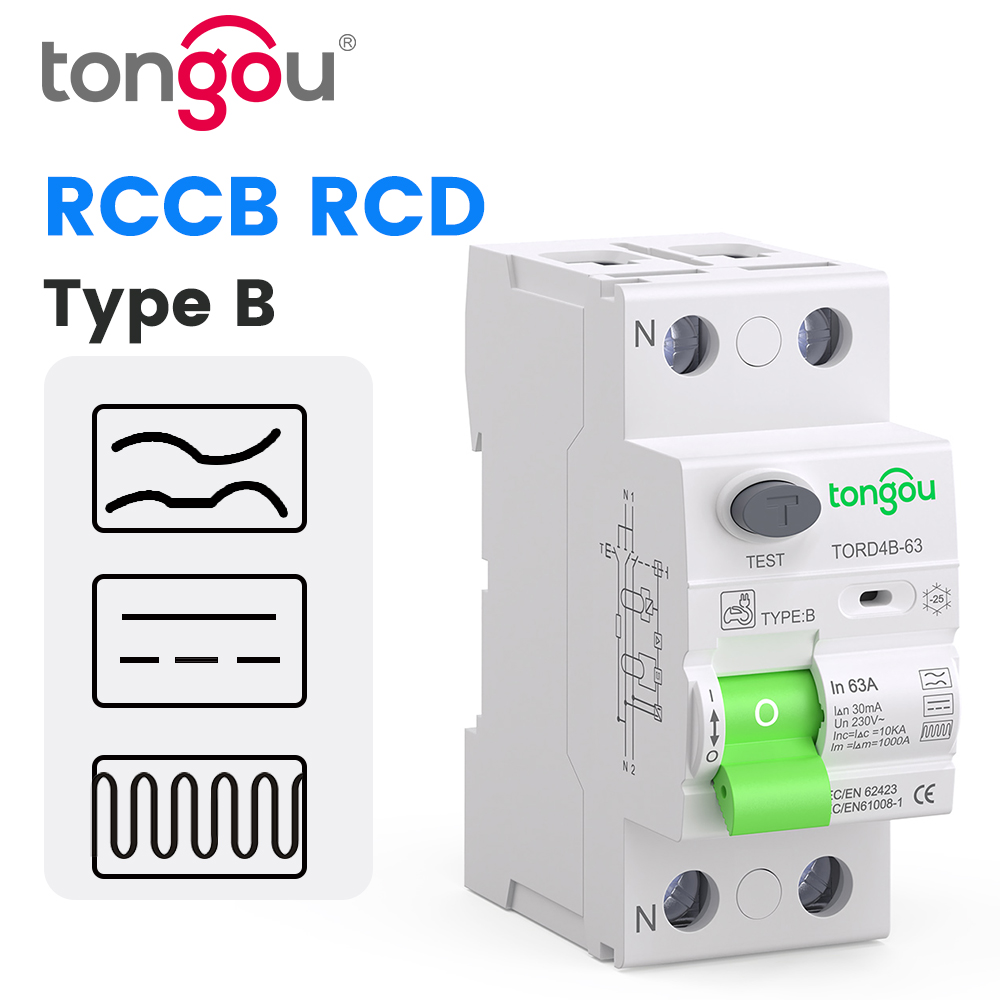 RCCB RCD DC 電気自動車 EV 充電パイル残留電流ブレーカー 2P 63A 30mA タイプ B 10KA Din レール漏電 TONGOU