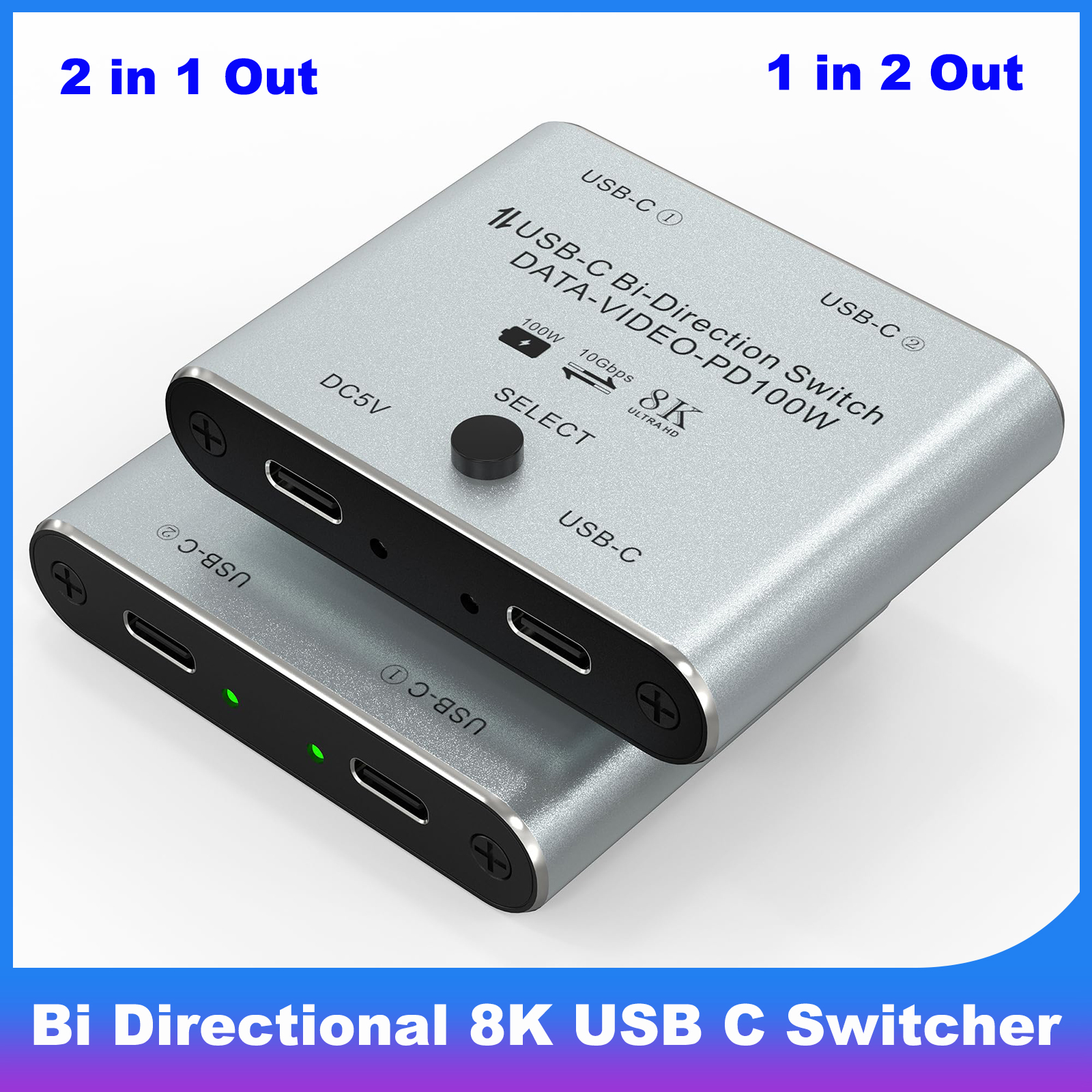 双方向 8K USB C KVM スイッチ スプリッタ 2 イン 1 出力 8K@60Hz/4K@120Hz ビデオ転送 100W 充電 10Gbps データ