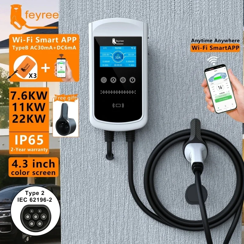 Feyree Type2 EV 充電器 32A 7.6KW 充電ステーション車の充電器 11KW 22KW 3 相 EVSE ウォールボックス 4.3 インチ画面スマート APP 制御