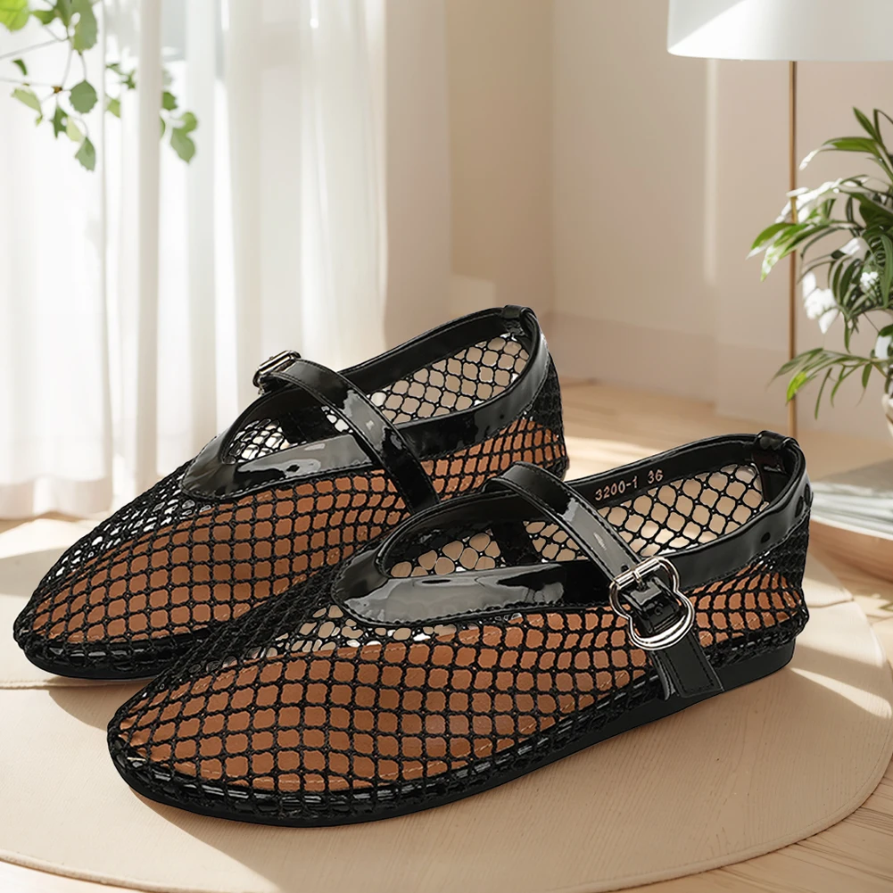女性メッシュバレエフラット網タイツバレリーナフラット快適なラウンドトゥバレエシューズ通気性カジュアルウォーキングシューズ通勤用