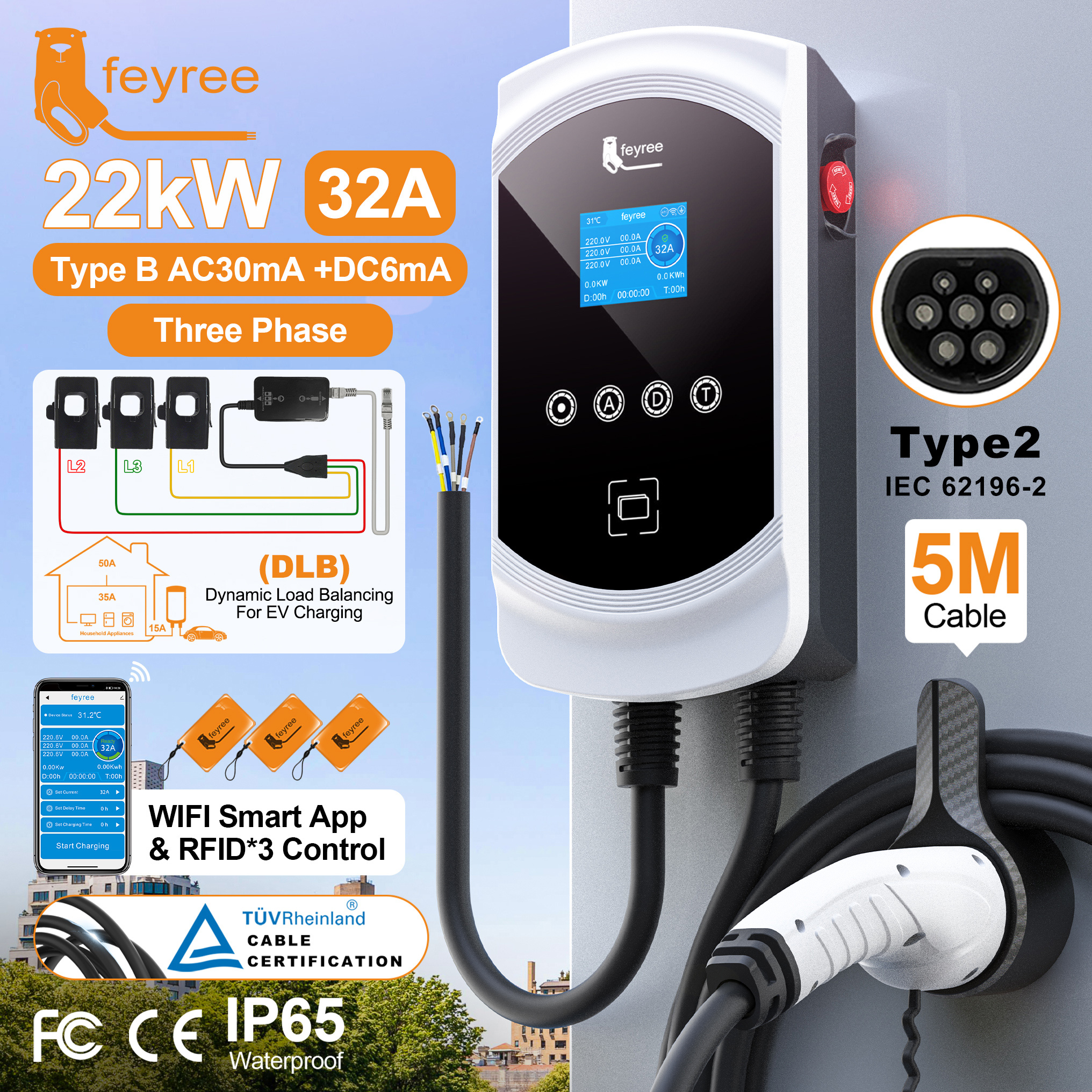 Feyree EV 充電器 Type2 32A 7.6kW 1P ダイナミックロードバランシングモデル 11kW 22kW 3P EVSE ウォールボックス EV 車用スマート WIFI APP 機能