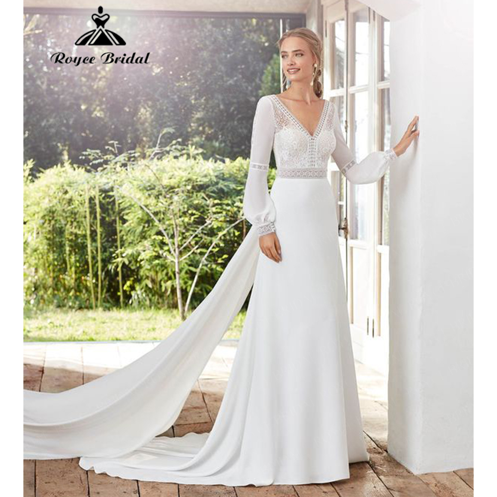 RoyceBridal ボヘミアンマーメイドウェディングドレスシフォンスリーブレースウエストロングトレーンブライダルドレス Vestido デノビアボダ 2026 カスタマイズ