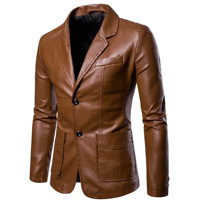 2024 メンズレザージャケットラペルビジネス Pu ブレザー男性ソリッドカジュアルスリムボタンアップレザーコート秋生き抜くプラスサイズ 6XL