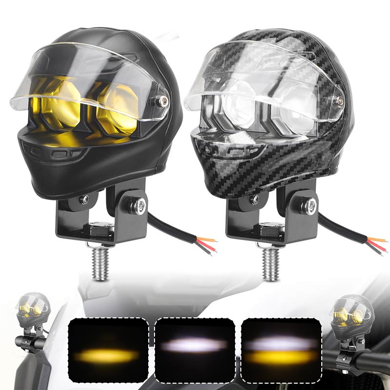 新到着デュアルカラーハイ/ロービームホワイトアンバースポットライト 10-48V DC LED オートバイヘルメット駆動ヘッドライトライト自動 ATV SUV