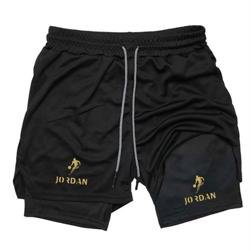 吸汗性メンズ 2-in-1 スポーツ アウトドア クイックドライ ジム ランニング コンプレッション トレーニング ショーツ サイドポケット ダブルデッキ タオルループ