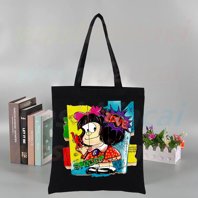 Toda Mafalda かわいい漫画キャンバス女性の大学オル韓国黒大容量カジュアルファッションショルダーバッグ