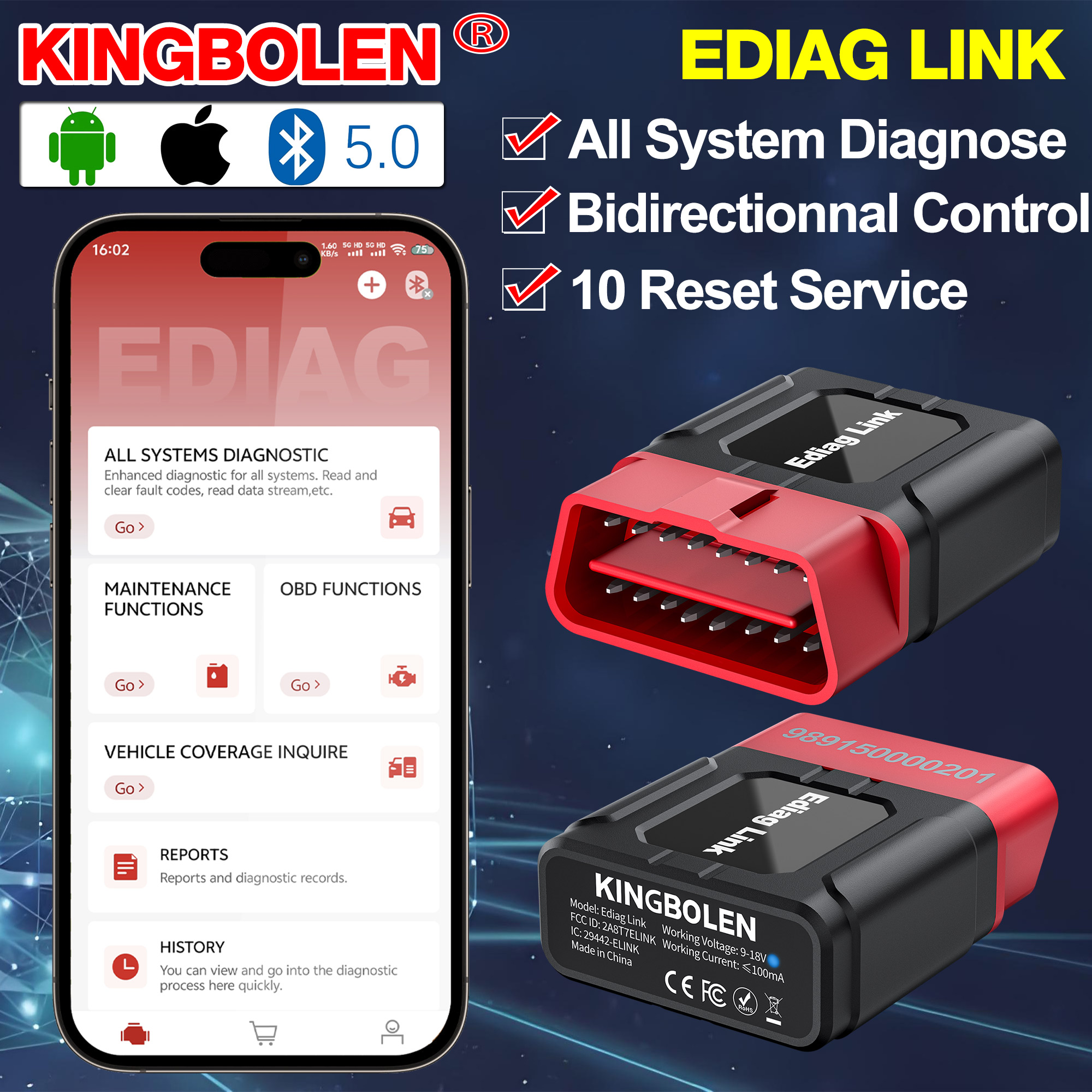 KINGBOLEN EDIAG LINK 双方向スキャンツールすべてのシステム診断ツール 10 サービス CANFD FCA Android IOS OBD2 スキャナー