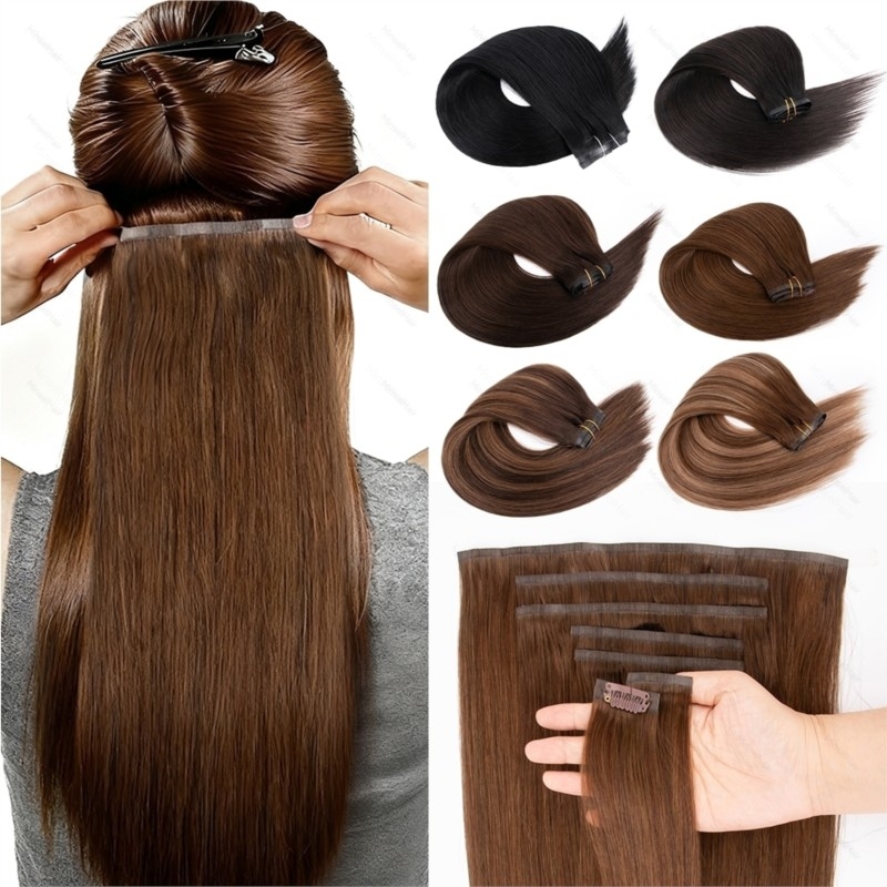 テープ PU クリップインヘアプレミアムレミークリップ人毛エクステンション 7 個クリップオンヘア 14 "-24" 110 グラムバレイヤージュオンブルモカブラウンブラック