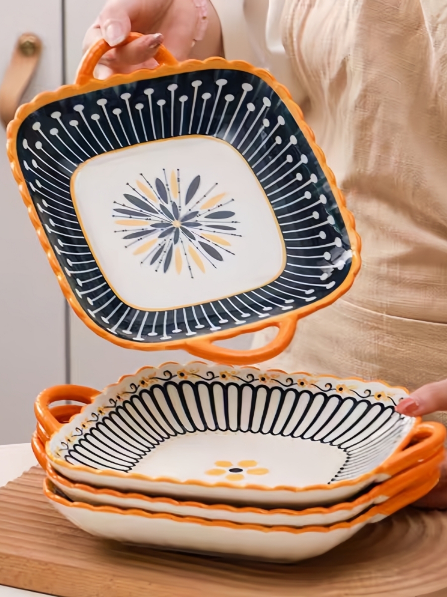 電子レンジやオーブンに適した両耳付きセラミック和風角皿とパスタサラダプレート2枚