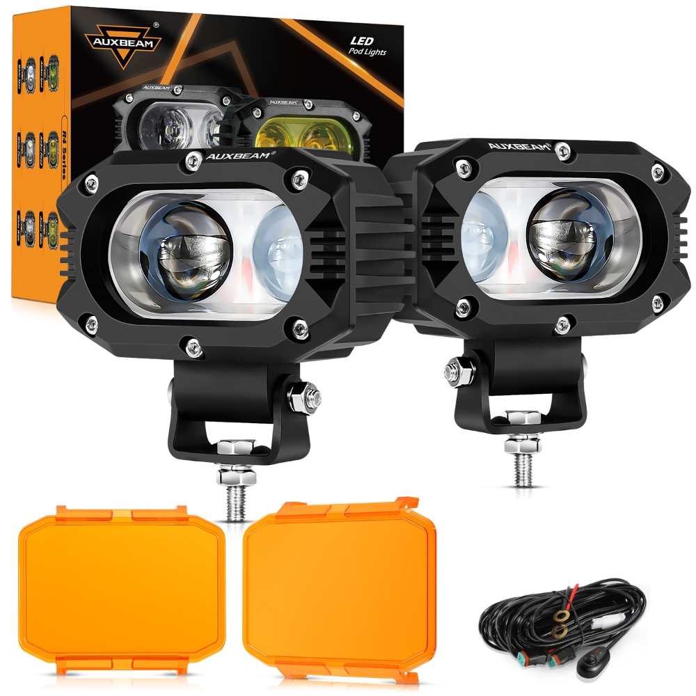 AUXBEAM R4 シリーズ 4 インチスクエア LED ポッドライト 5050 LED 6500K ホワイトオフロードドライビングライトフォグランプ配線ハーネス/カバー付き