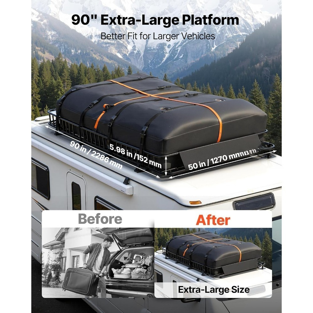 頑丈なルーフラック カーゴバスケットキャリア 90x50x6インチ 防水バッグとラチェットストラップ付き 耐荷重250ポンド SUVトラック用