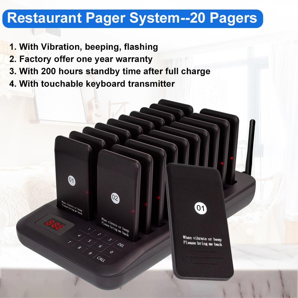 CTP320 Wireless Calling System Beeper Buzzer Restaurant 20 Pager Receiver 1 Keypad Transmitter Guest Paging Cafe Coaster