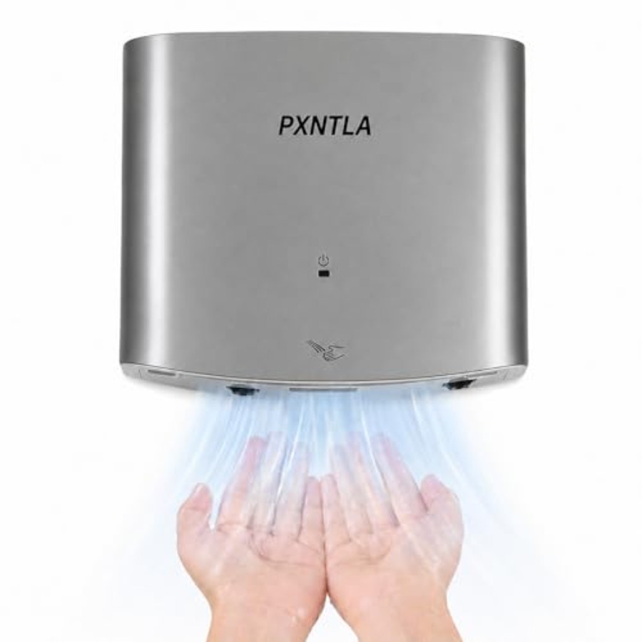 業務用バスルーム用ハンドドライヤー、ステンレススチールボディ、シルバー色、温風/冷風スイッチ付き 12 ～ 15 秒の速乾性、IPX1