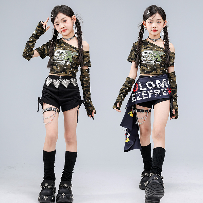 Kid Kpop Hip Hop Clothing Camo Sloped Shoulder Crop T Shirt Top Black Side Tie Shorts for Girl Jazz Street Dance Costume Clothes