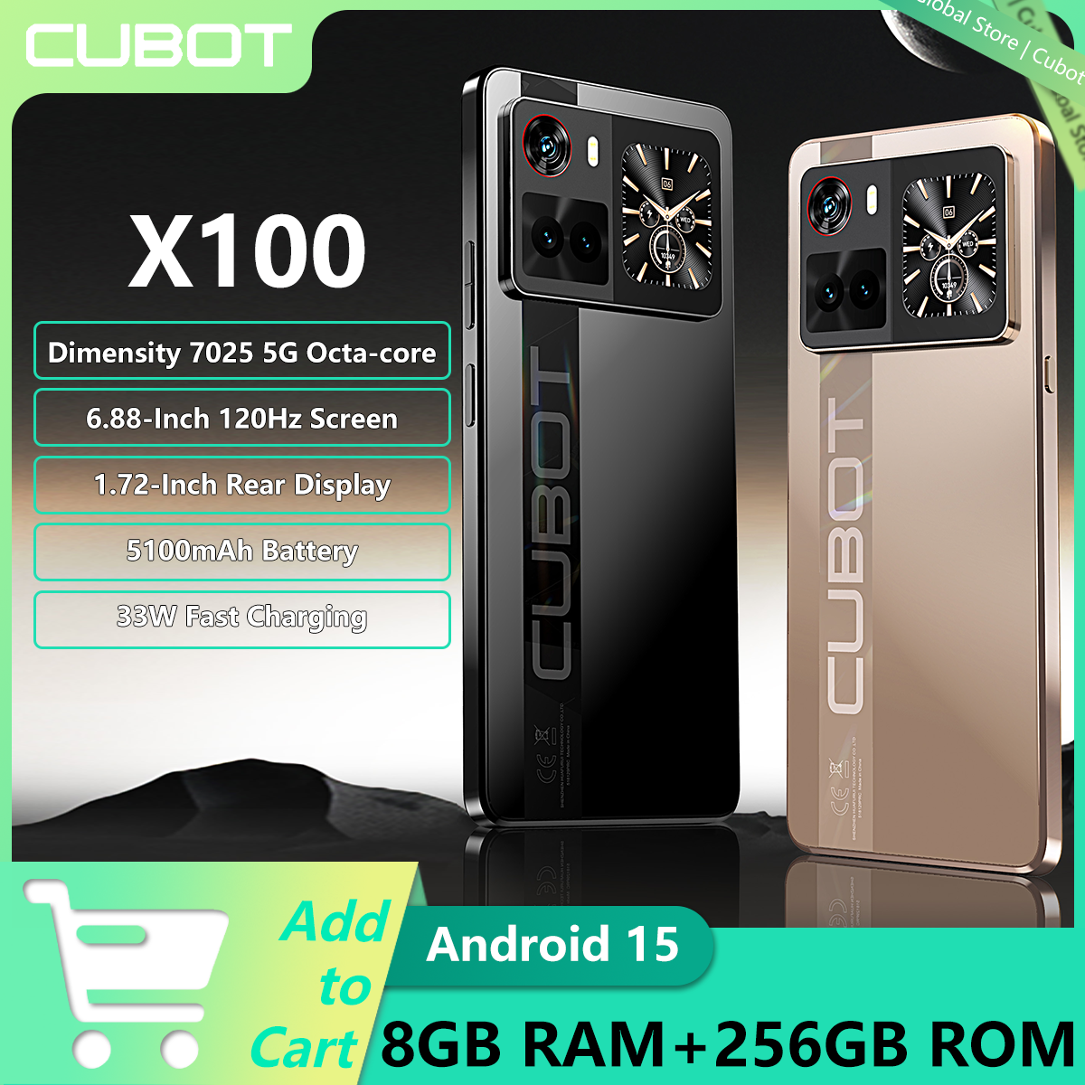 新しい Cubot X100 Android 15 スマートフォン Dimensity 7025 5G 1.72 "背面ディスプレイ 64MP メインカメラ 5100mAh バッテリー 33W 高速充電 NFC