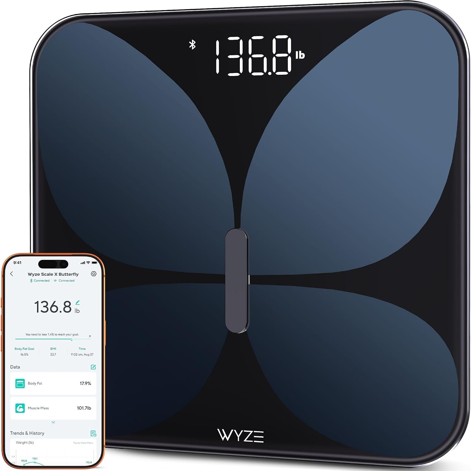 スマートスケール X バタフライ - 体重、BMI、体脂肪、筋肉量用のバスルームスケール、Bluetooth デジタルスケール、400 ポンド、ブラック