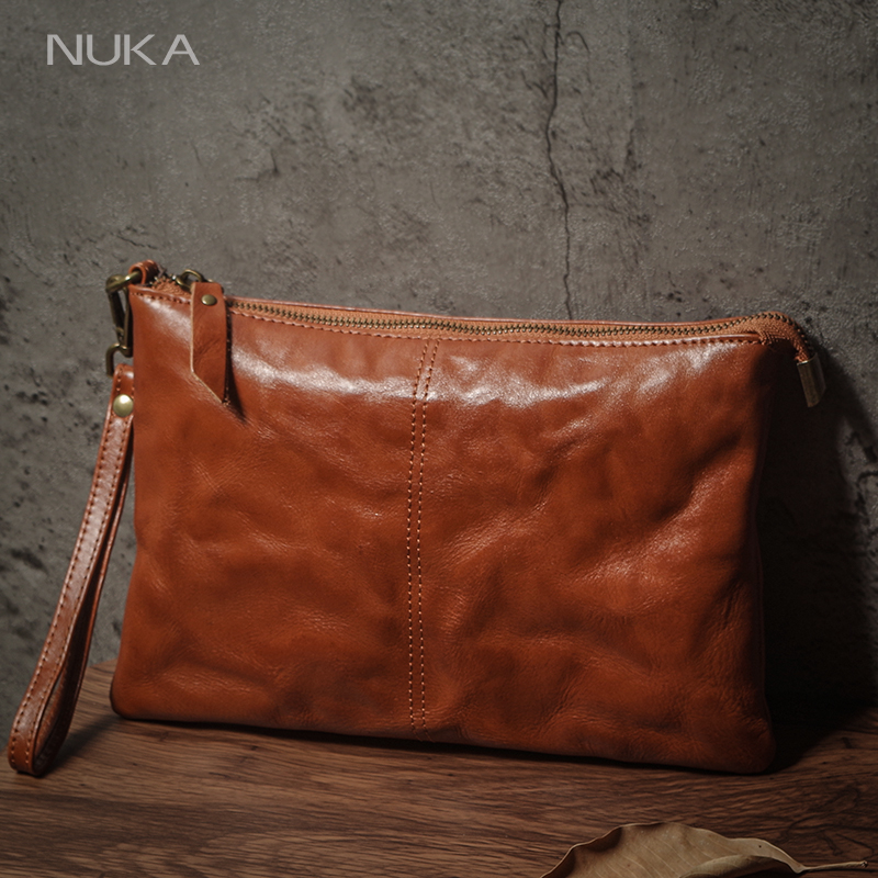 NUKA Men's Genuine Leather Clutch Bag High Quality Armpit Bags Simple Portable Wristlet Bag Business Handbag Vintage Money Pouch