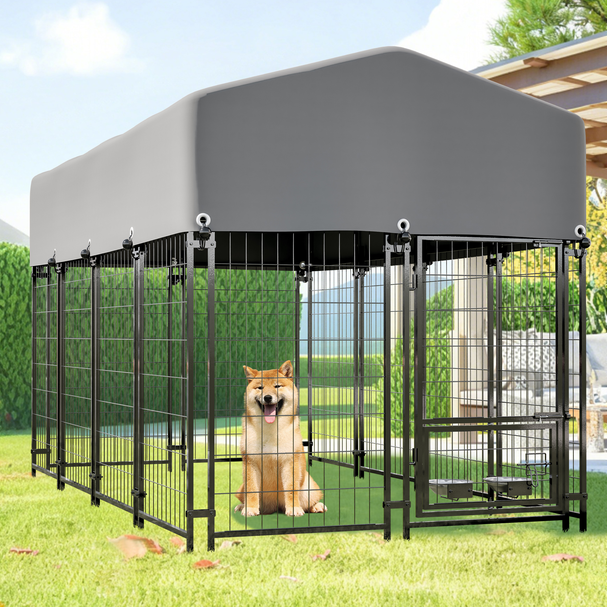 94インチ×51インチ×58インチ 屋根付き屋外犬小屋、高耐久溶接ワイヤー犬ベビーサークルエンクロージャー、脱出防止ロック付き、耐紫外線性